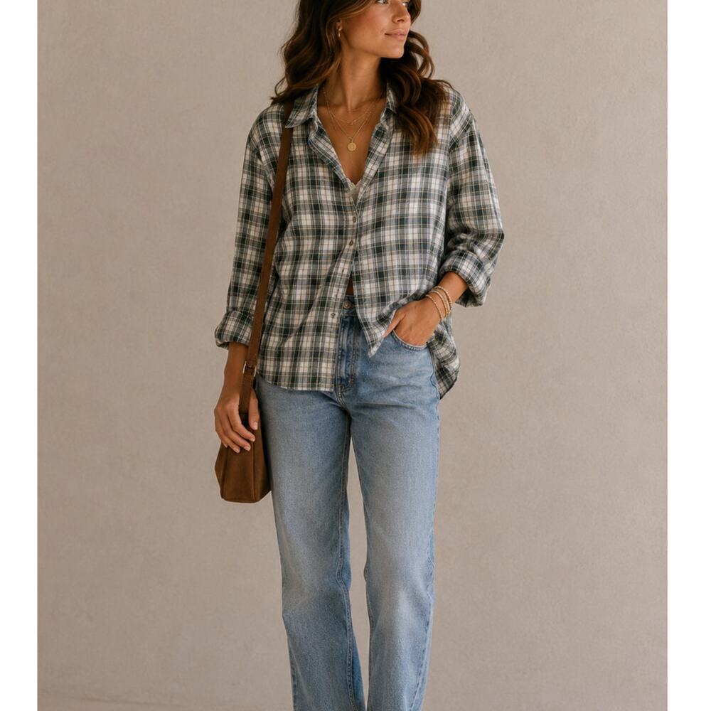 J Jill Green Plaid Button Down Shirt Women S Ruffles Western Style Lace Trim
